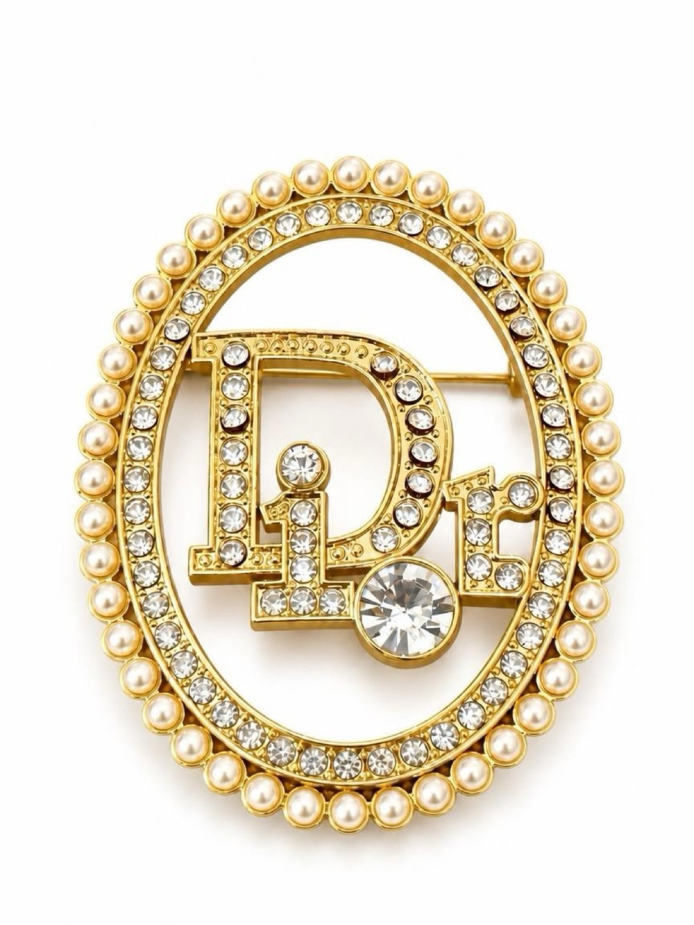 Gold-Tone Crystal / Rhinestone & Pearl Oval Lettered Brooch